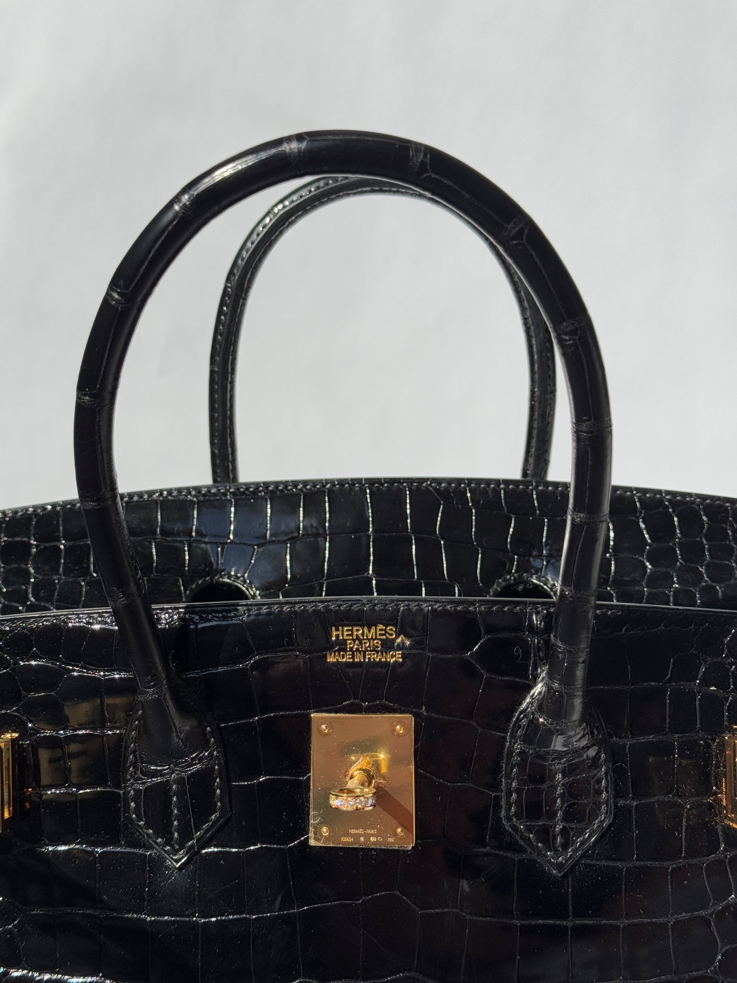 Hermes 18K Yellow Gold Diamond Black Porosus Crocodile Birkin 35