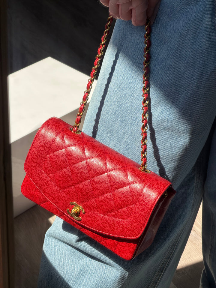 Chanel Small Diana Flap Bag Caviar Red 24K Plated Gold Hardware 1994