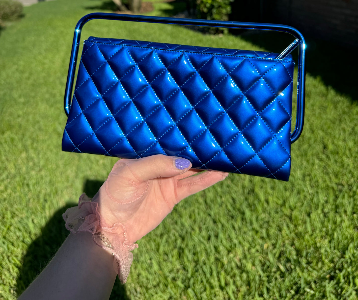 Chanel Classic Flap Patent Metallic Blue Frame Clutch