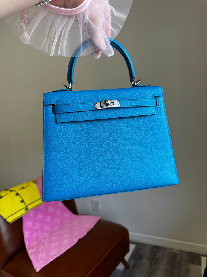 Hermes Bleu Frida Chèvre Kelly 25 Sellier