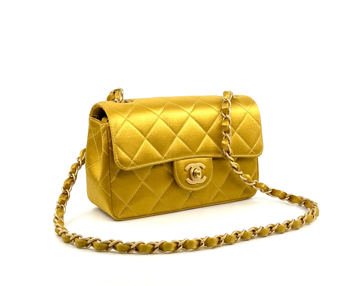 Chanel Gold Satin Mini Rectangle Flap