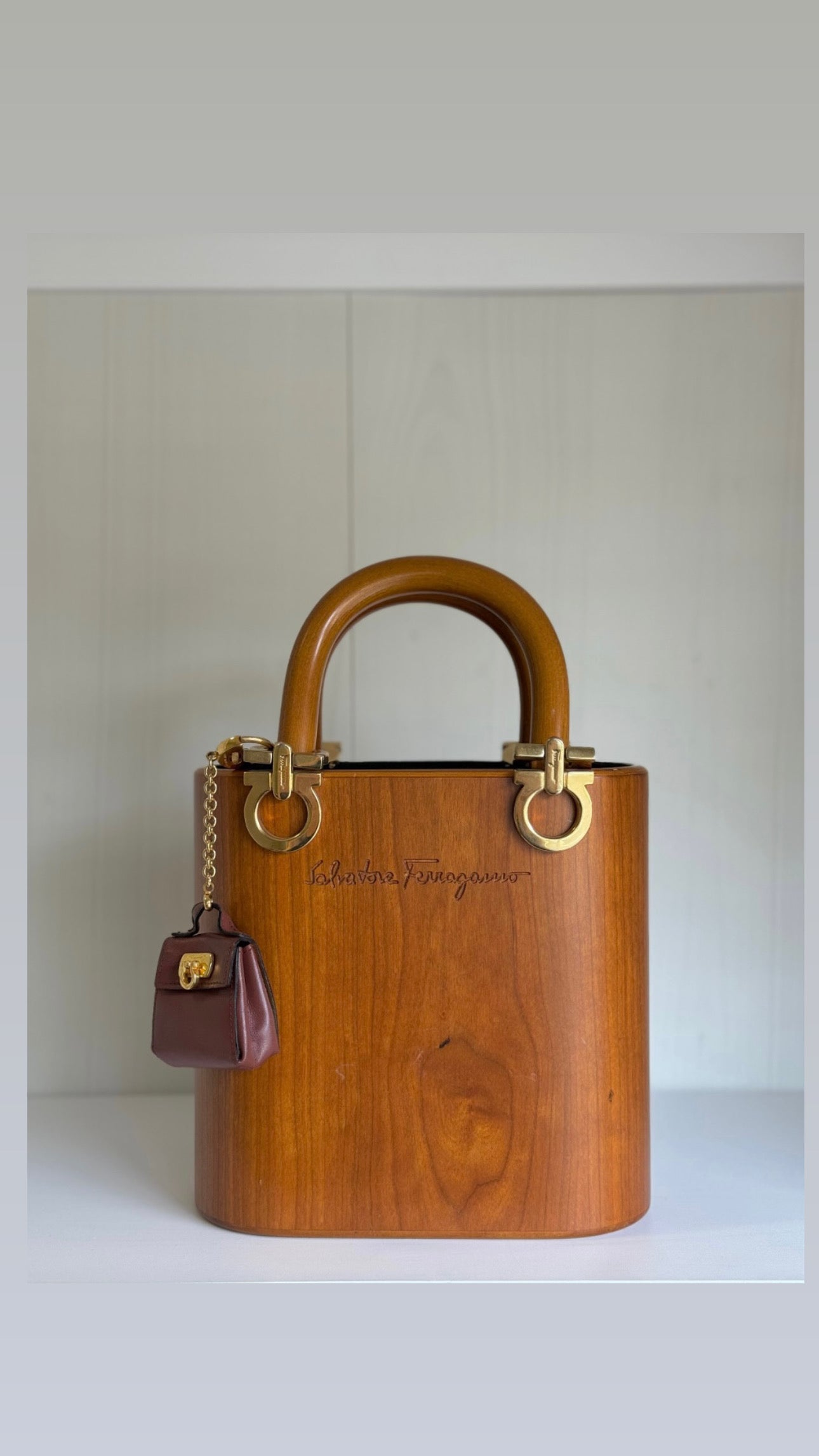 Salvatore Ferragamo Vintage Gancini Wooden Bucket Bag + Coin Pouch