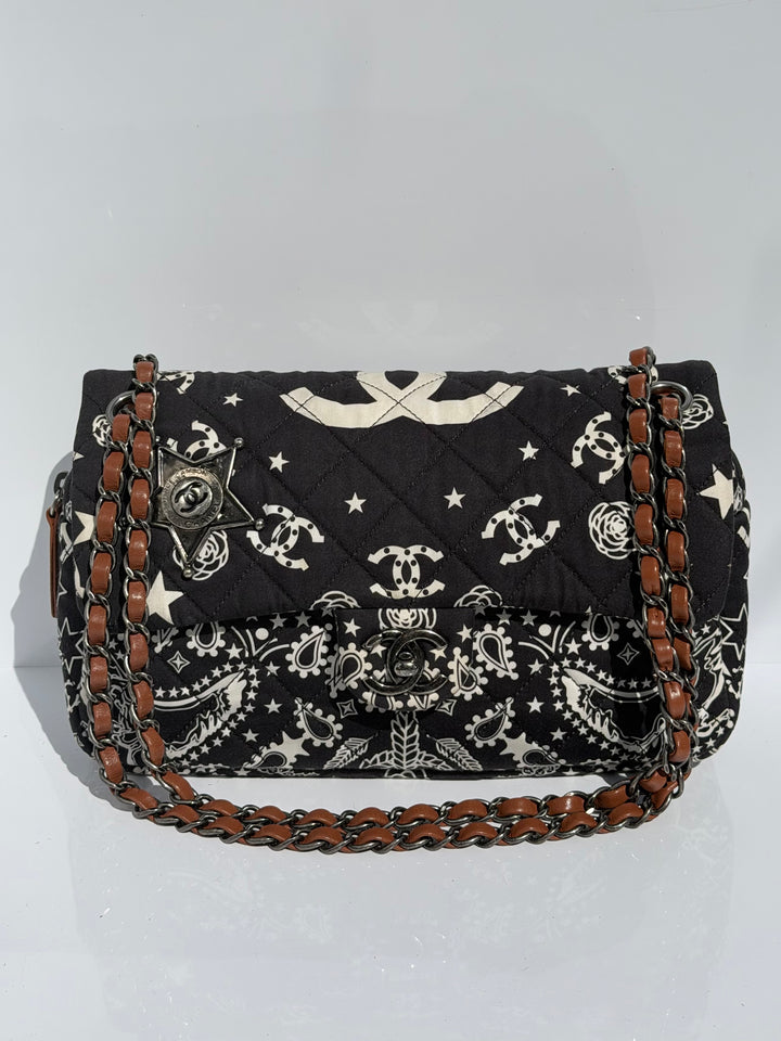 Chanel Medium Paris-Dallas Bandana Flap Canvas Black and White Ruthenium Hardware 2014
