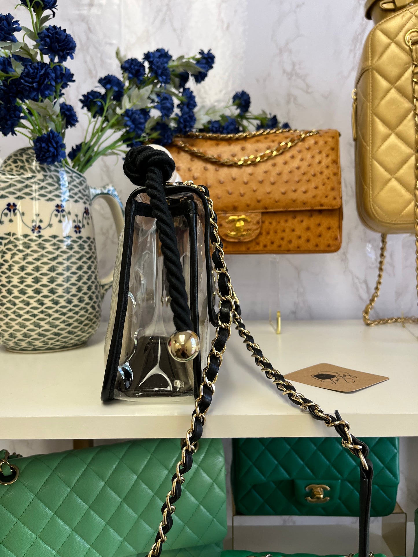 Chanel Lambskin PVC Sand By The Sea Flap Bag With Pearl Strap Its A Luv Story
