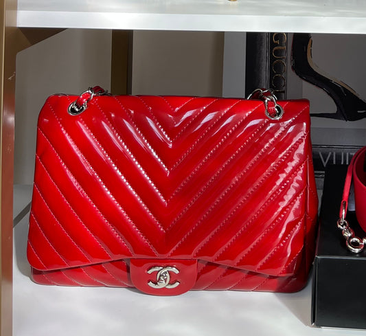 Chanel Red Maxi Chevron Patent Single Flap Bag