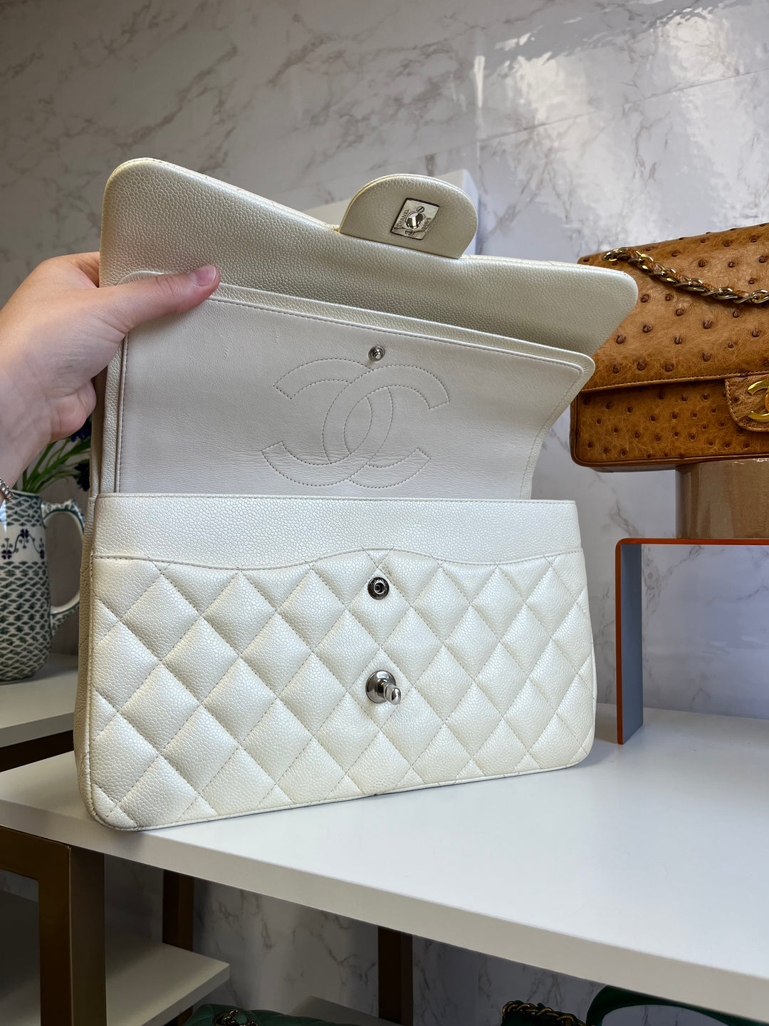 Chanel Cream Iridescent Caviar Jumbo DF