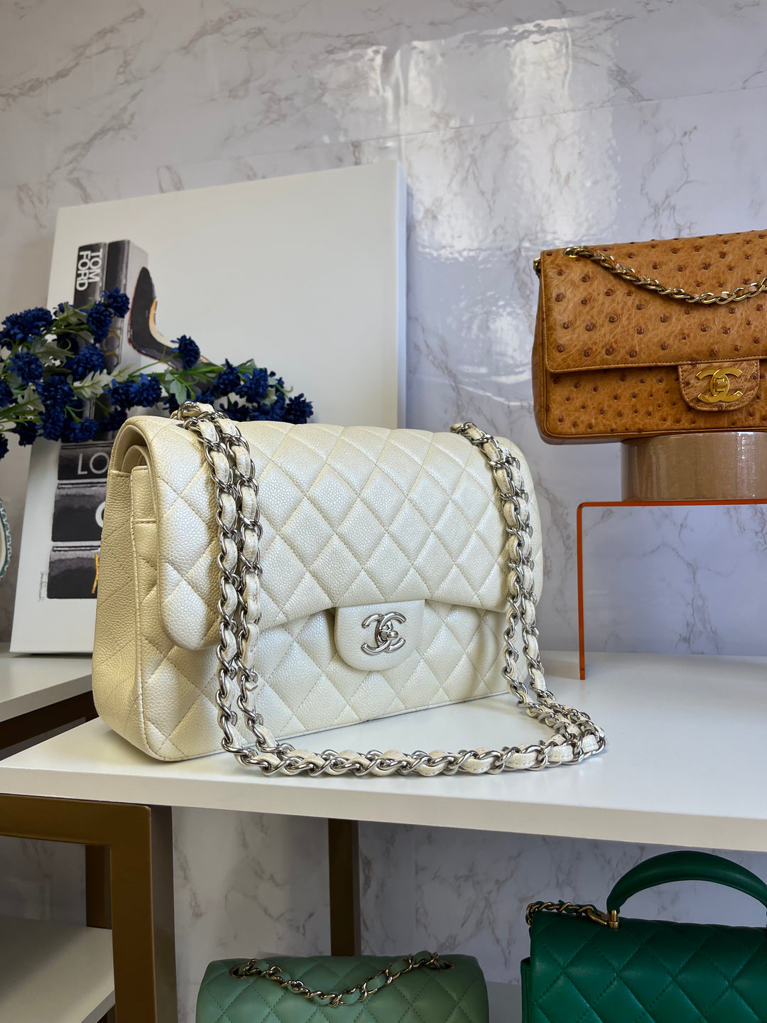 Chanel Cream Iridescent Caviar Jumbo DF