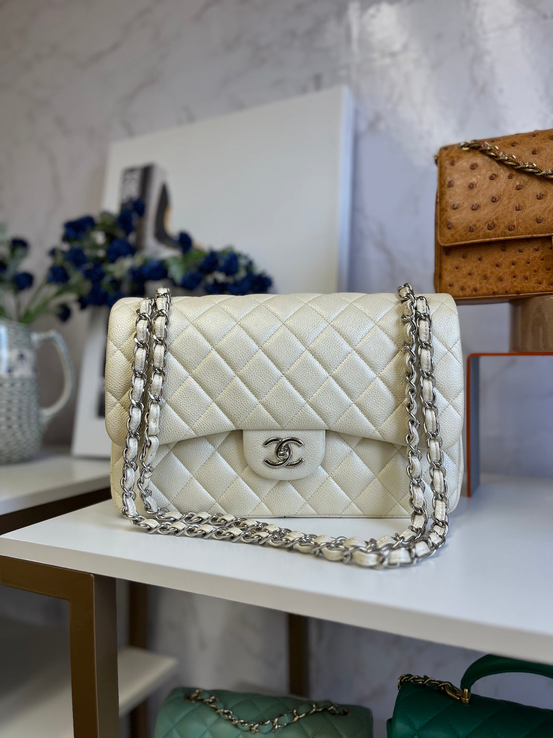 Chanel Cream Iridescent Caviar Jumbo DF