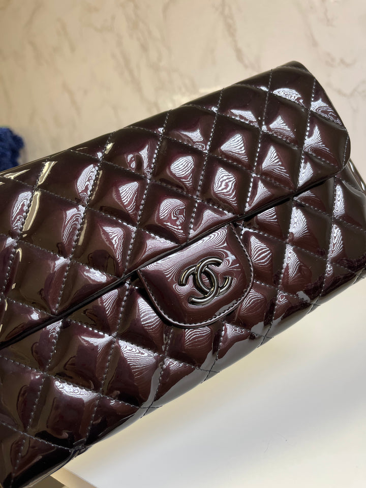 Chanel Classic Flap Patent Metallic Black Frame Clutch