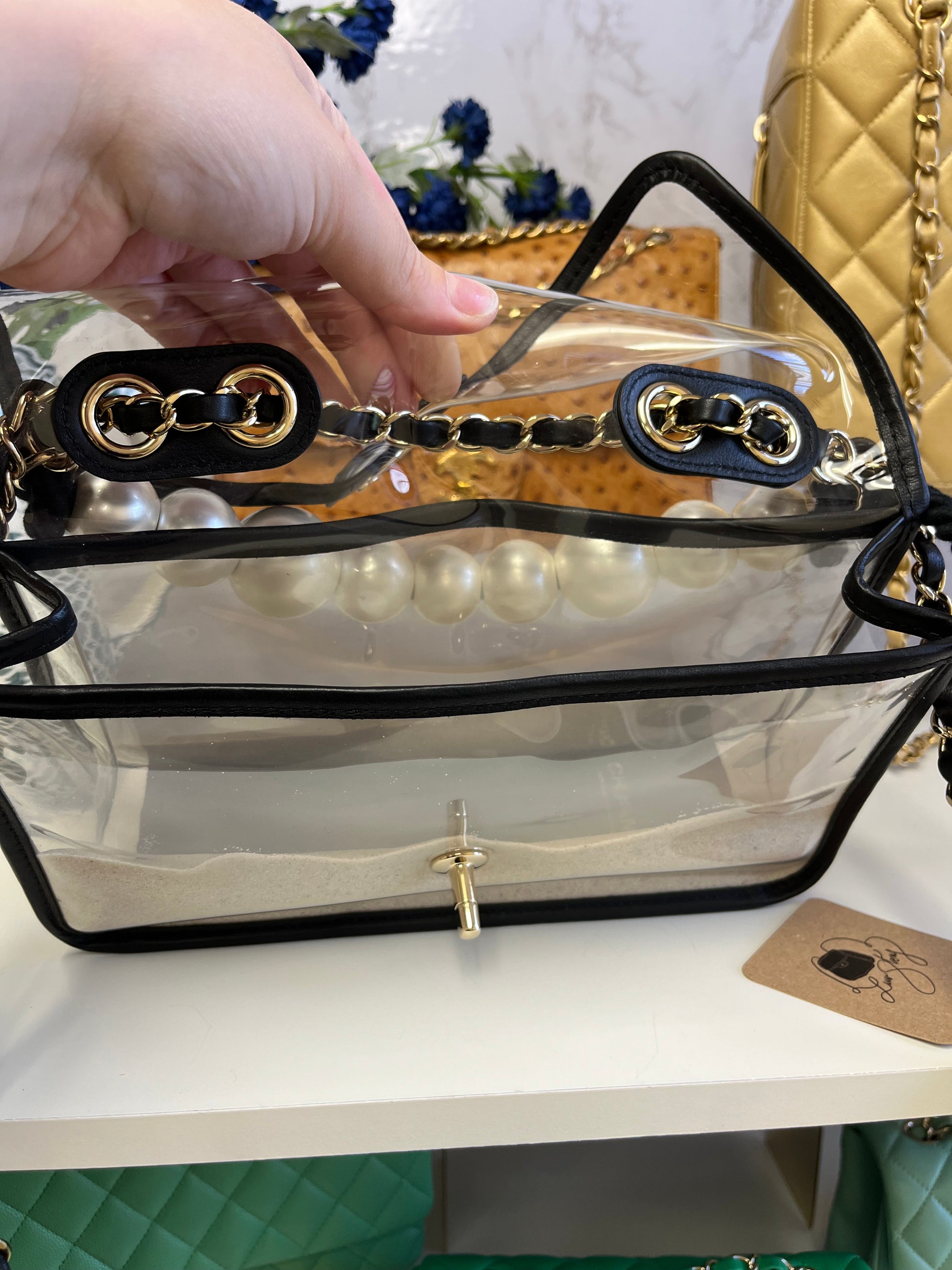 Chanel pvc flap bag with pearl strap sale