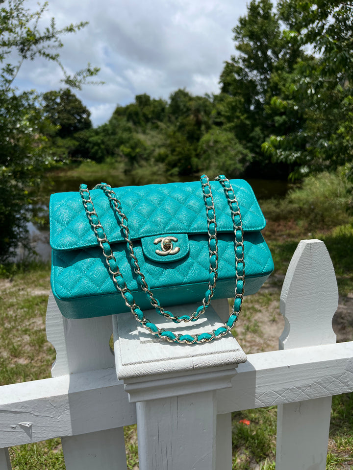 Chanel Turquoise (17C) Medium Caviar Double Flap Bag