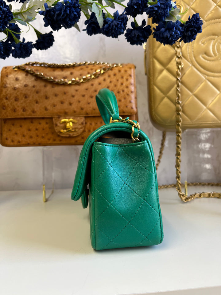 Chanel Limited Edition Green Iridescent Mini Rectangular Top Handle Flap Bag