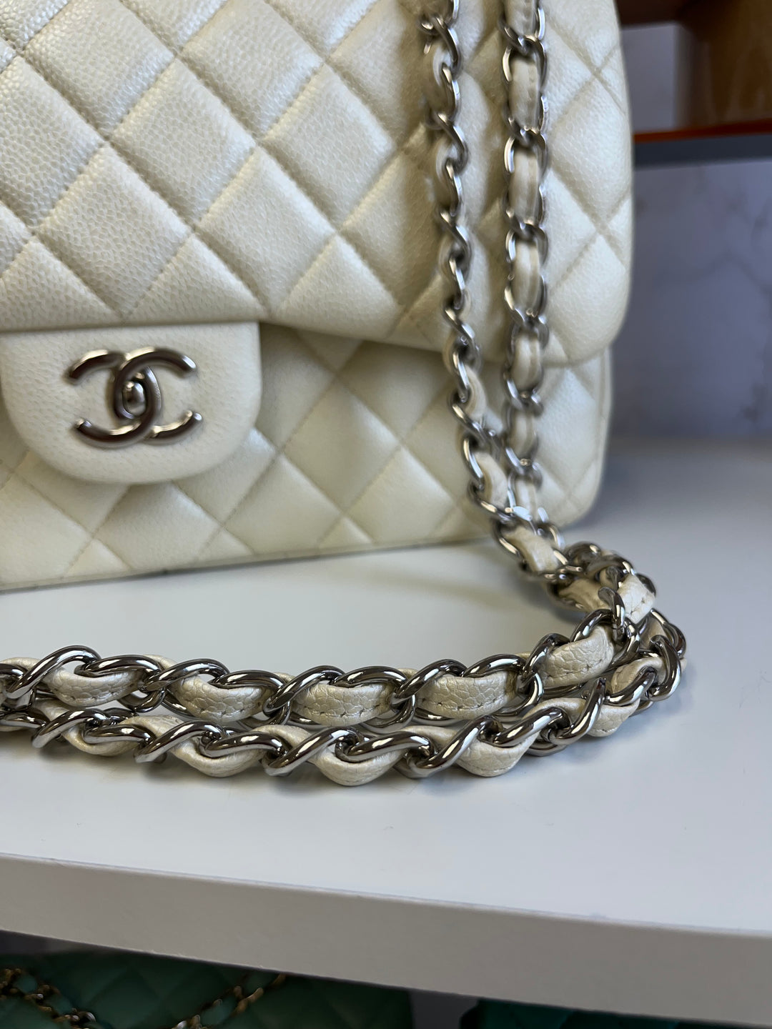 Chanel Cream Iridescent Caviar Jumbo DF