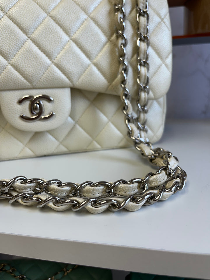 Chanel Cream Iridescent Caviar Jumbo DF