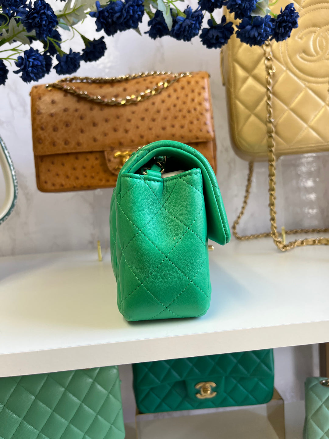 Chanel Neon Green Lambskin Mini Rectangular Flap Bag