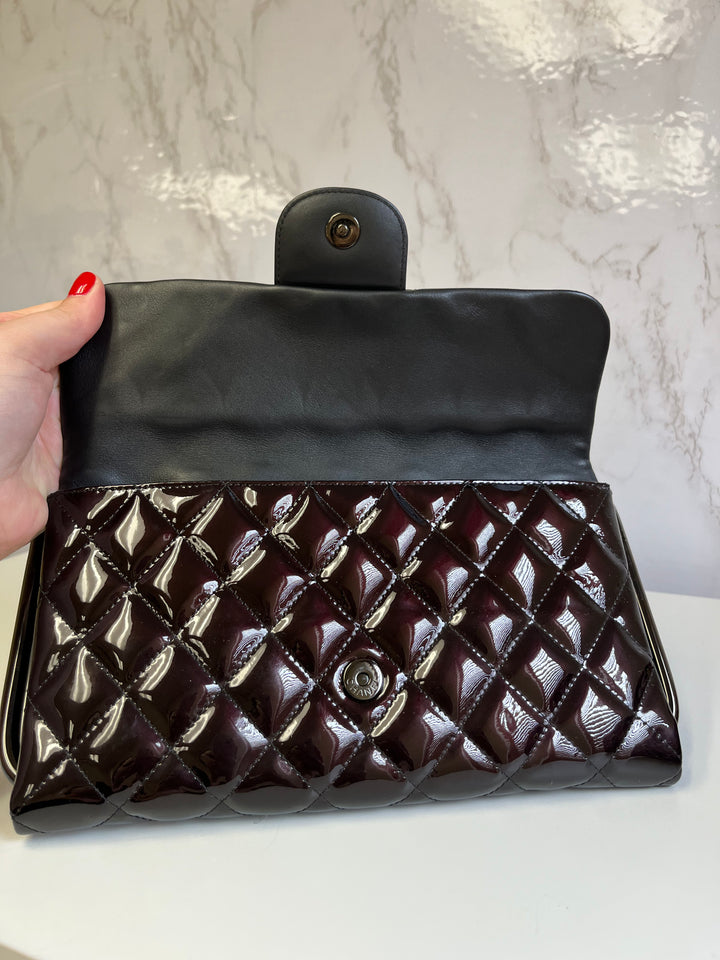 Chanel Classic Flap Patent Metallic Black Frame Clutch