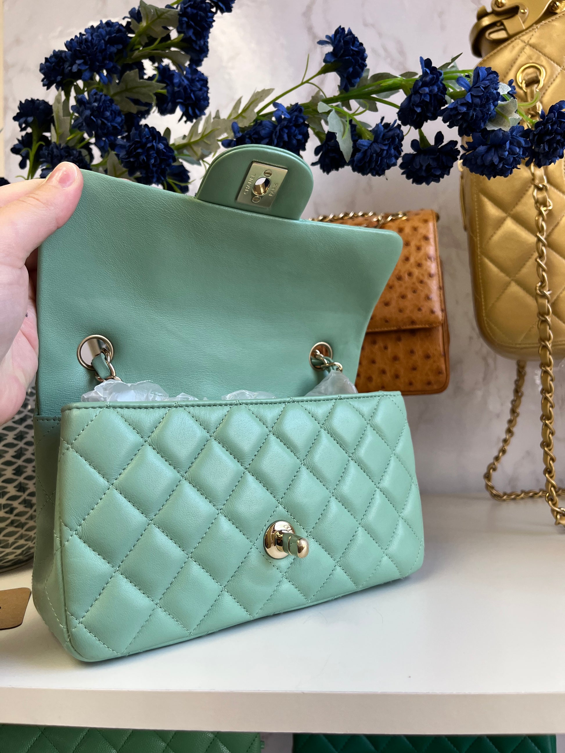Chanel Light Pistachio Green Lambskin Mini Rectangular Flap Bag