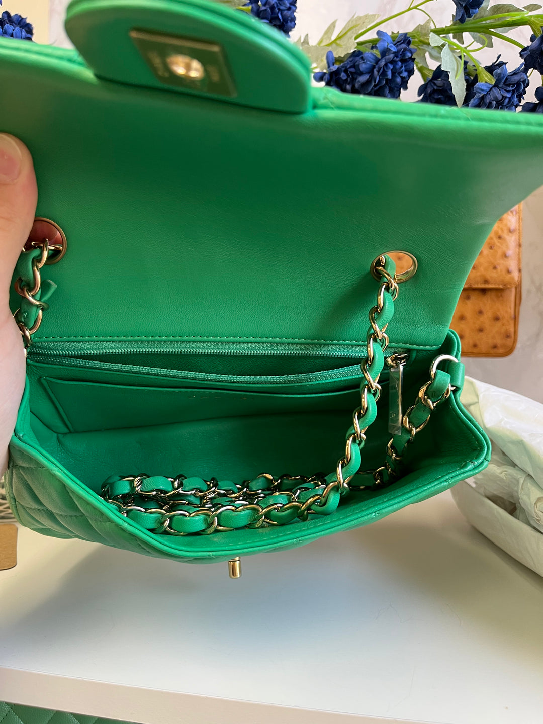 Chanel Neon Green Lambskin Mini Rectangular Flap Bag