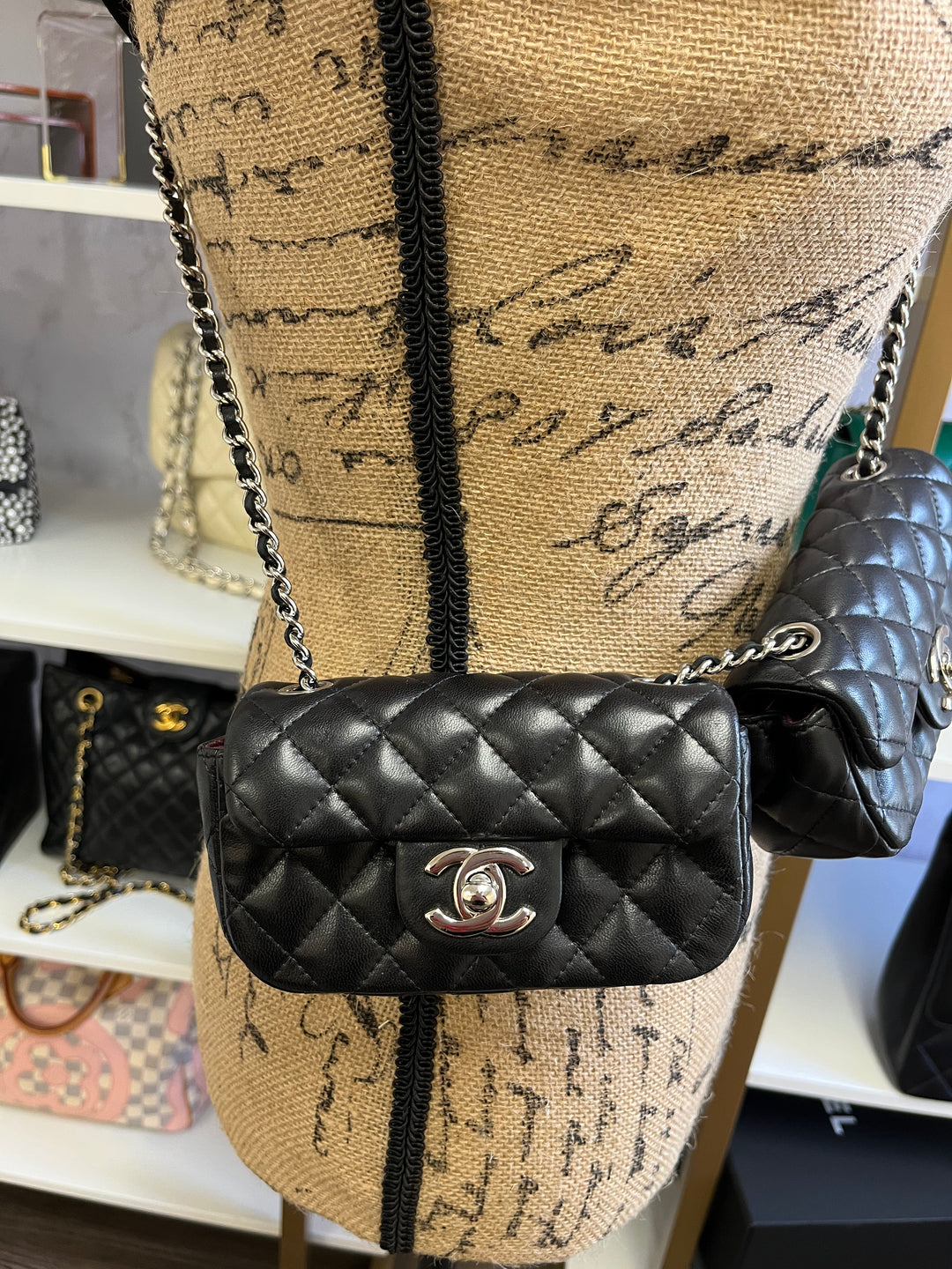 CHANEL RARE DOUBLE TWIN MICRO MINI BLACK LAMBSKIN LEATHER CROSBODY BAG