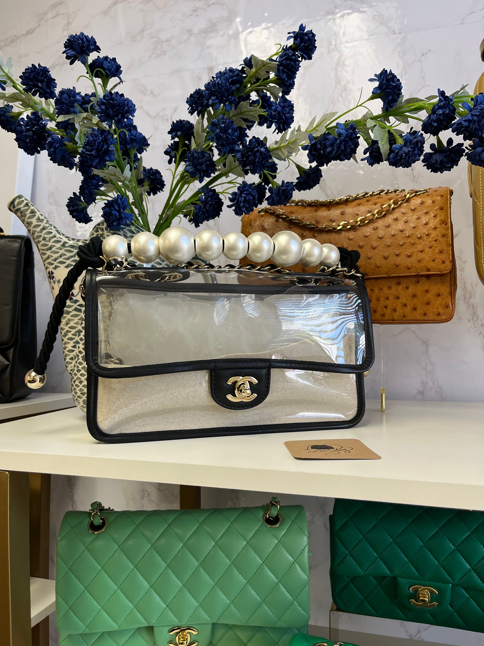 Chanel Lambskin PVC Sand By The Sea Flap Bag With Pearl Strap