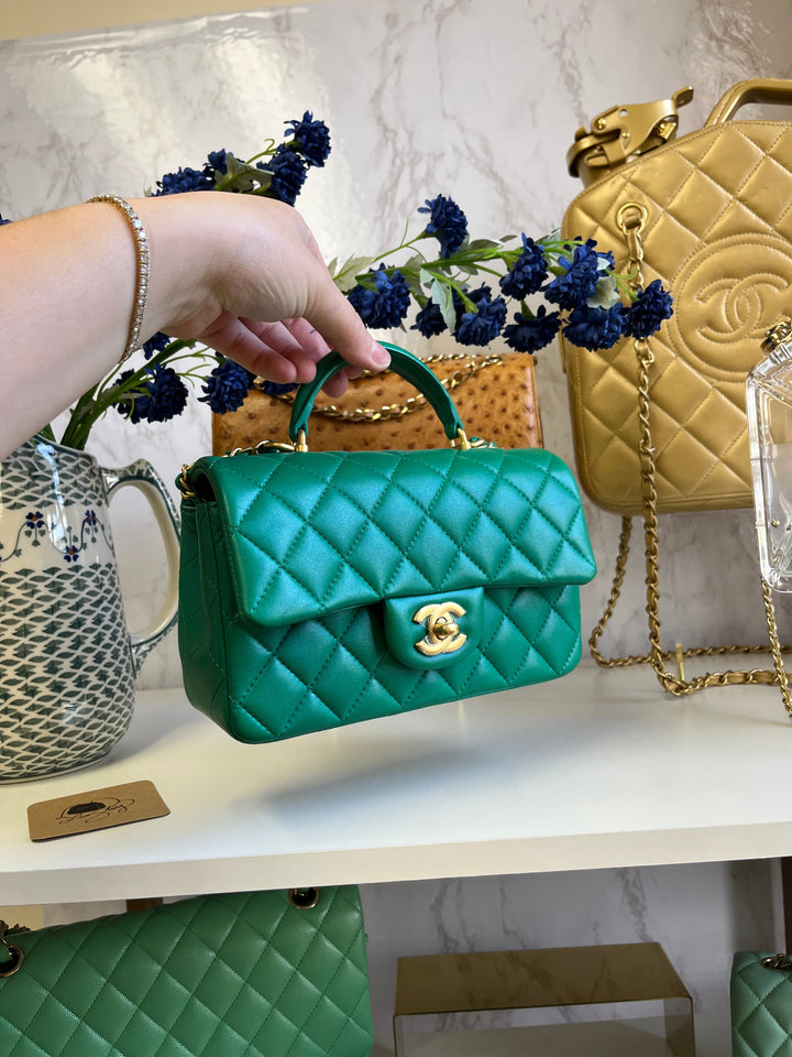 Chanel Limited Edition Green Iridescent Mini Rectangular Top Handle Flap Bag