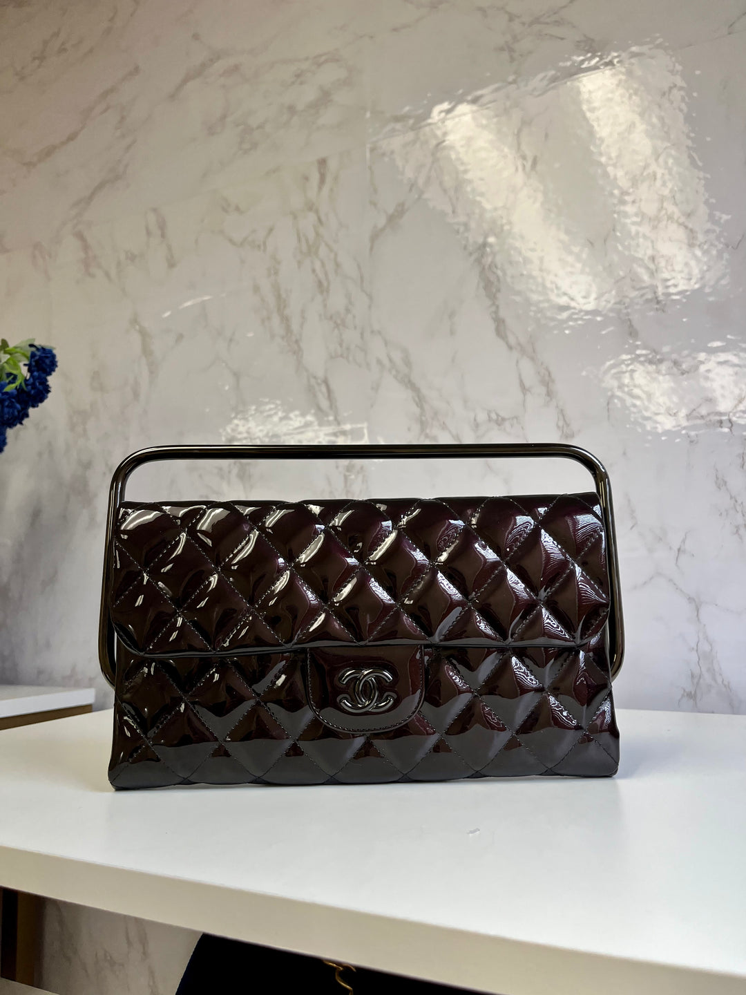 Chanel Classic Flap Patent Metallic Black Frame Clutch