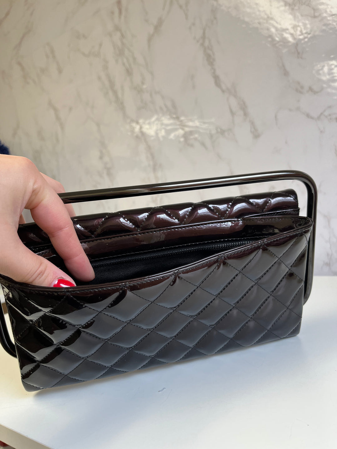 Chanel Classic Flap Patent Metallic Black Frame Clutch