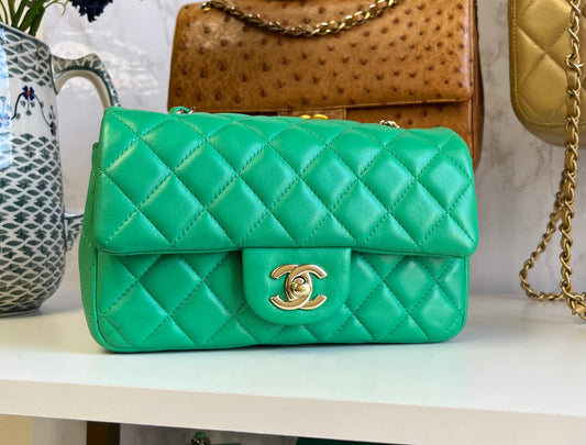 Chanel Neon Green Lambskin Mini Rectangular Flap Bag