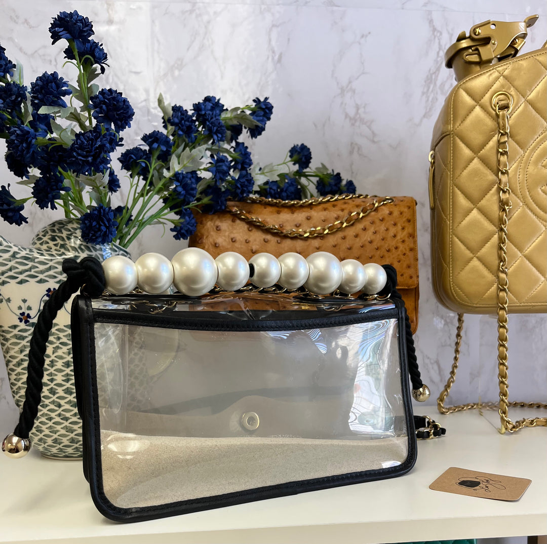 Chanel Lambskin PVC Sand By The Sea Flap Bag With Pearl Strap