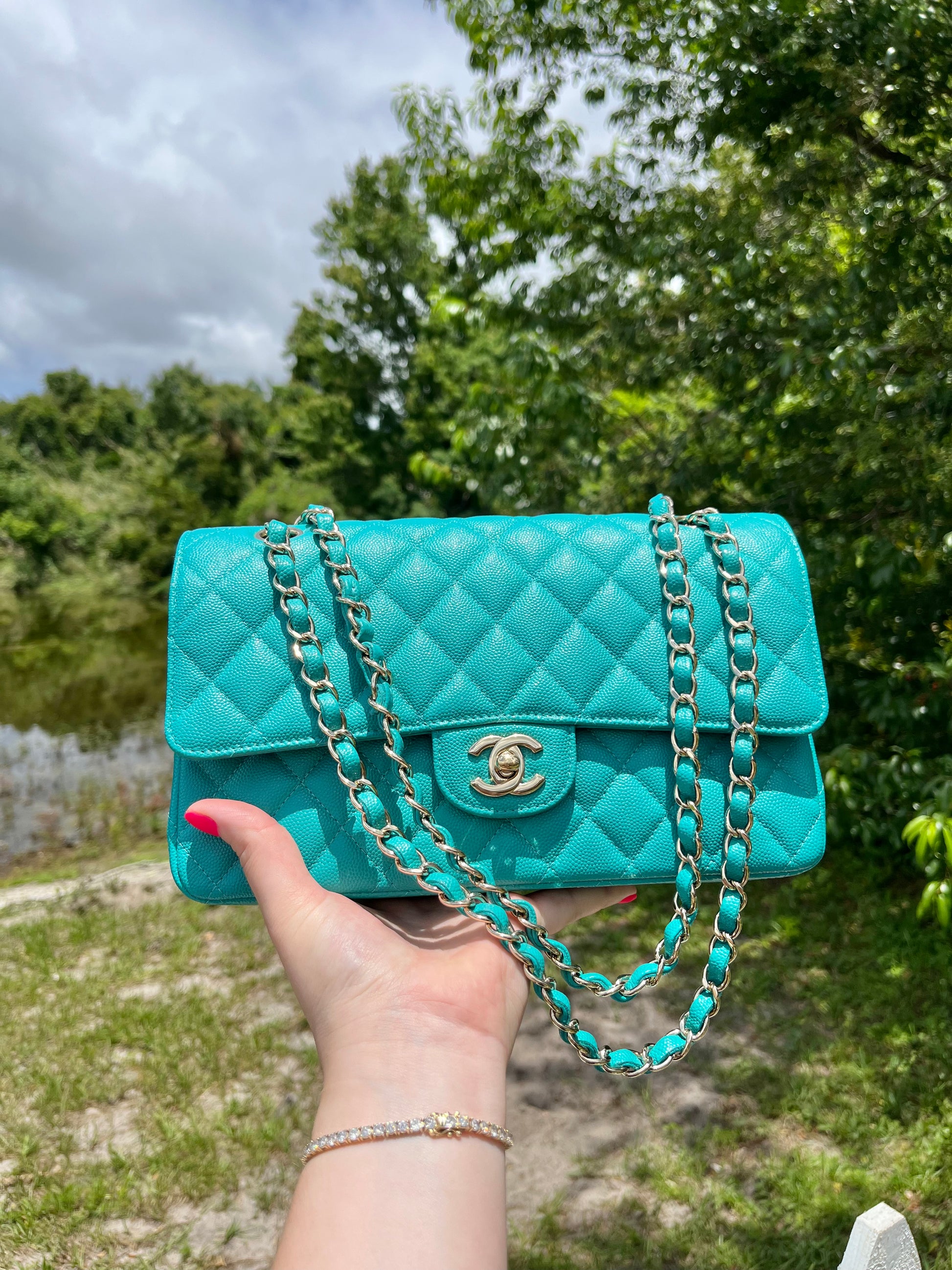 2017 Chanel Turquoise Quilted Caviar Leather Medium Classic Double Flap Bag