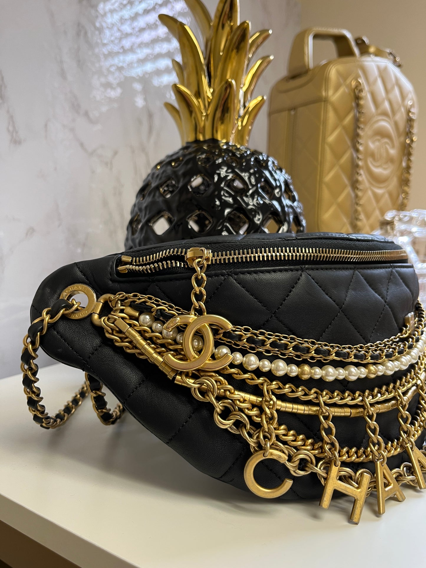 CHANEL Lambskin Quilted All About Chains Waist Belt Bag Black 384395