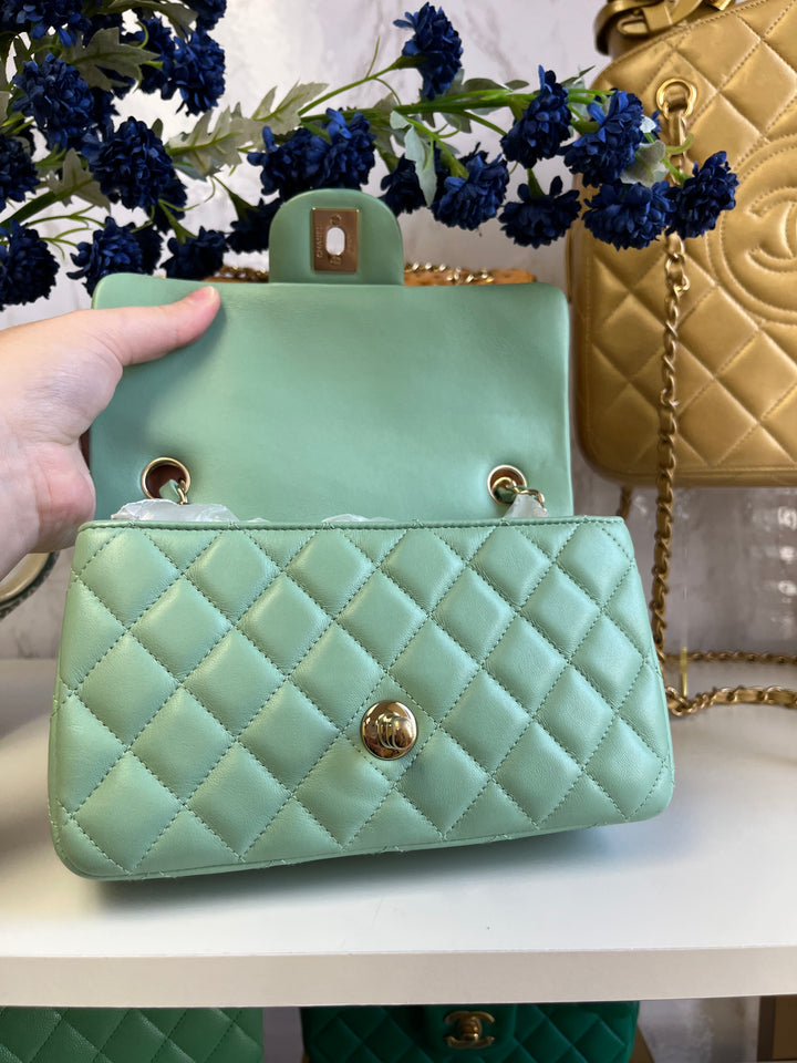 Chanel Light Pistachio Green Lambskin Mini Rectangular Flap Bag