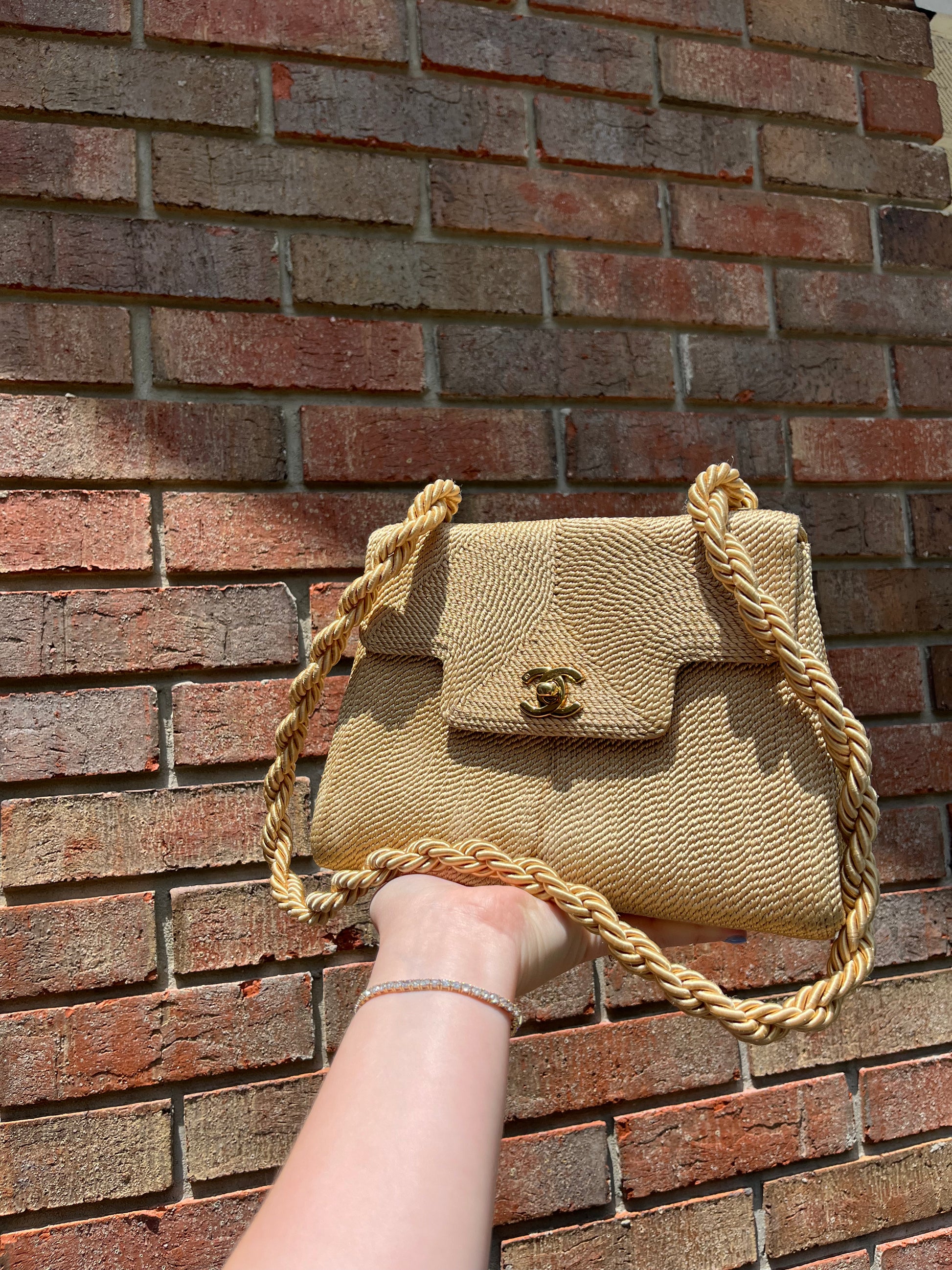 Beige Silk Rope Mini Braided Top Handle Flap Bag Gold Hardware