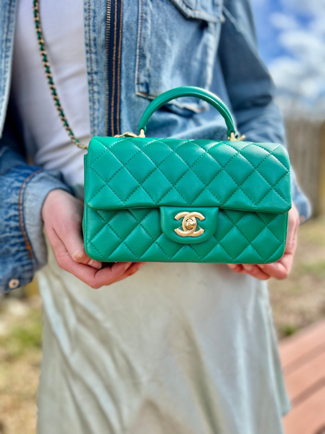 Chanel Limited Edition Green Iridescent Mini Rectangular Top Handle Flap Bag