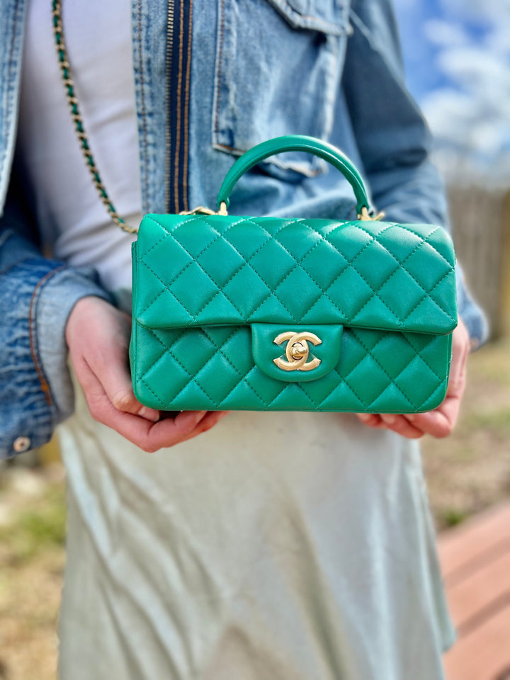 Chanel Limited Edition Green Iridescent Mini Rectangular Top Handle Flap Bag