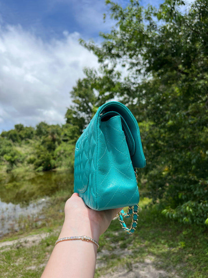 Chanel Turquoise (17C) Medium Caviar Double Flap Bag