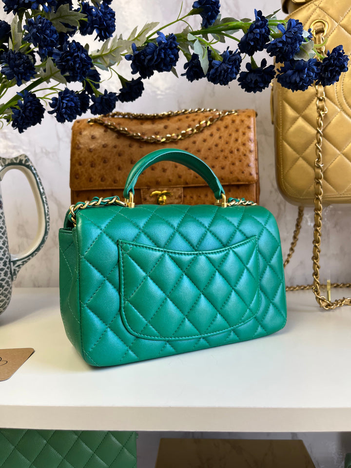 Chanel Limited Edition Green Iridescent Mini Rectangular Top Handle Flap Bag