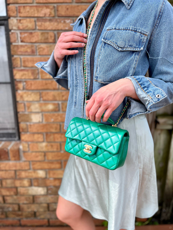 Chanel Limited Edition Green Iridescent Mini Rectangular Top Handle Flap Bag