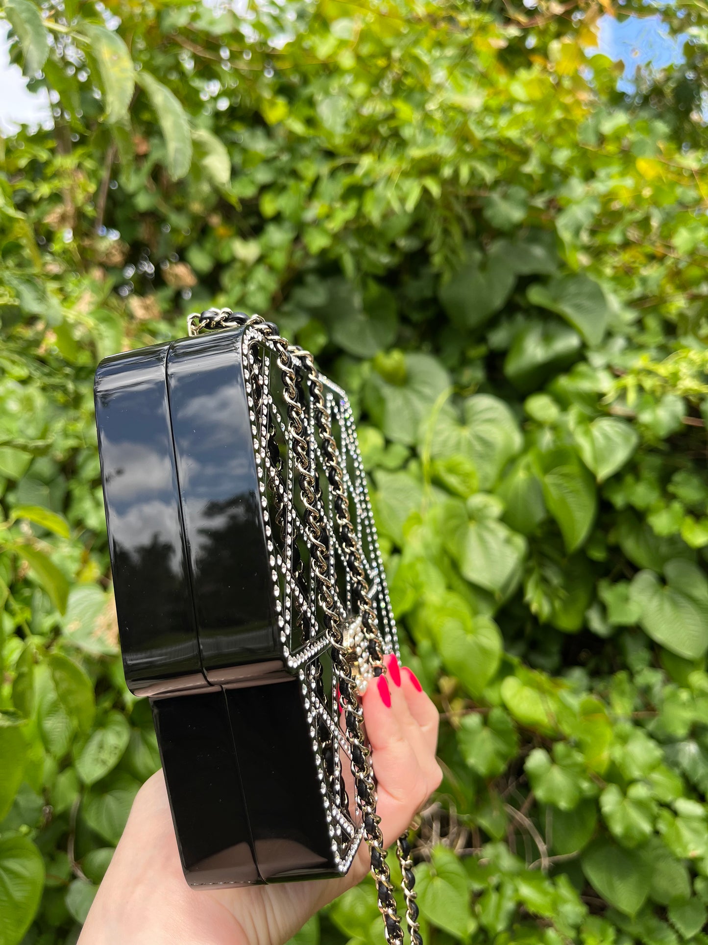 Limited edition Chanel Runway Black Resin Crystal Pearl Evening Clutch Shoulder Box