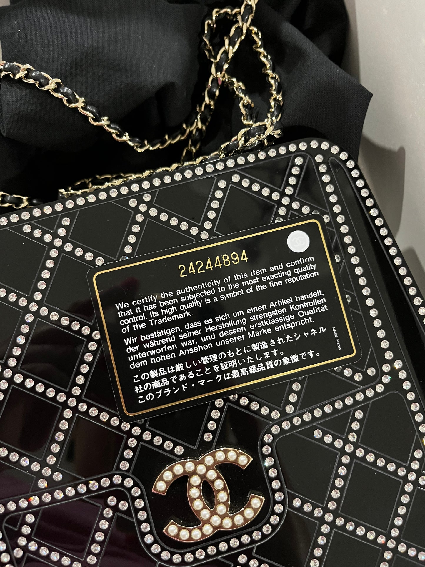 Limited edition Chanel Runway Black Resin Crystal Pearl Evening Clutch Shoulder Box