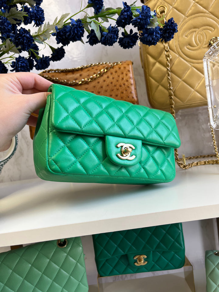 Chanel Neon Green Lambskin Mini Rectangular Flap Bag