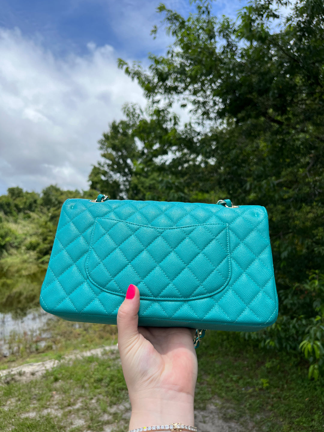 Chanel Turquoise (17C) Medium Caviar Double Flap Bag