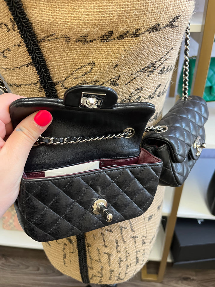CHANEL RARE DOUBLE TWIN MICRO MINI BLACK LAMBSKIN LEATHER CROSBODY BAG