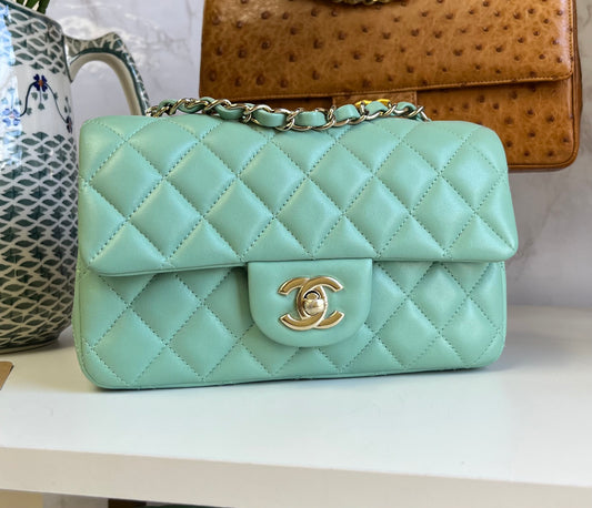 Chanel Light Pistachio Green Lambskin Mini Rectangular Flap Bag