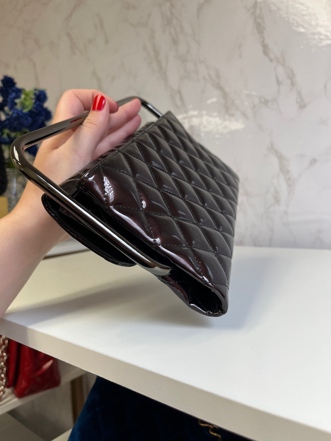 Chanel Classic Flap Patent Metallic Black Frame Clutch