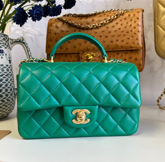 Chanel Limited Edition Green Iridescent Mini Rectangular Top Handle Flap Bag