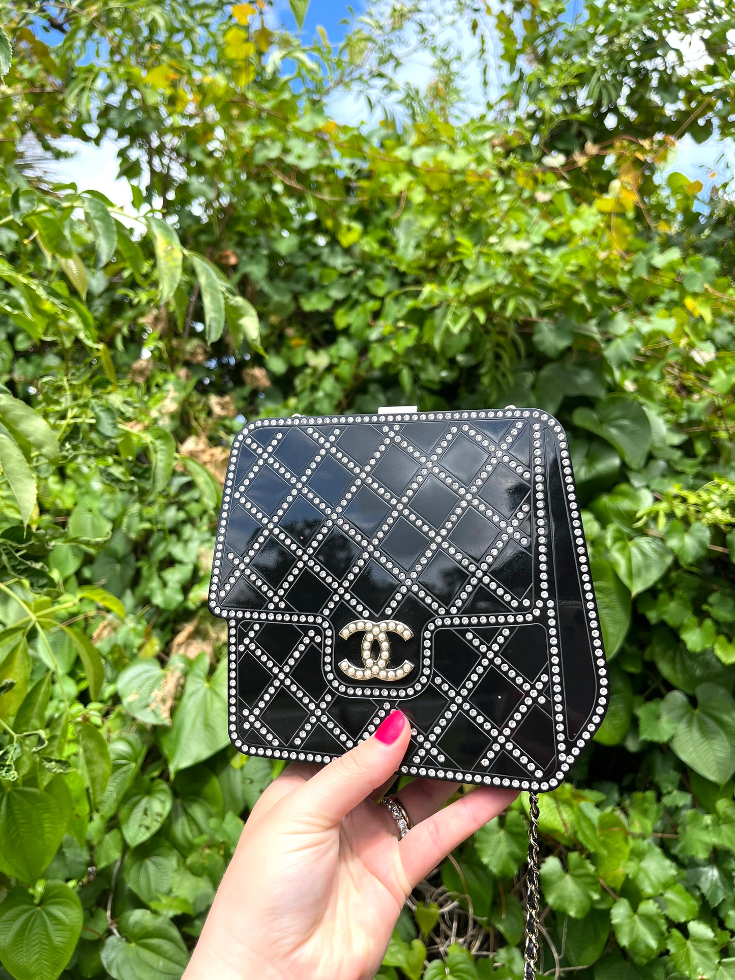 Limited edition Chanel Runway Black Resin Crystal Pearl Evening Clutch Shoulder Box