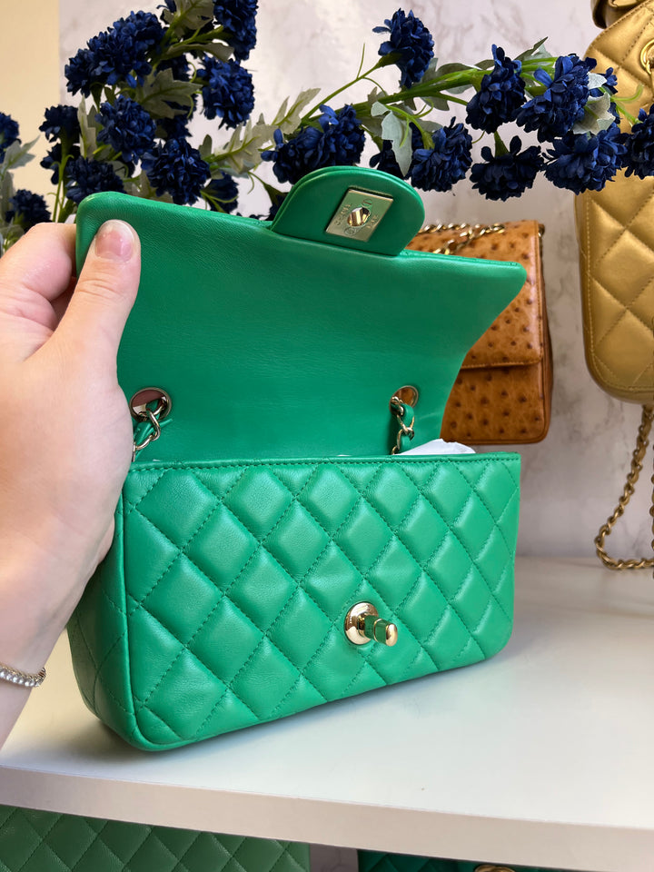 Chanel Neon Green Lambskin Mini Rectangular Flap Bag