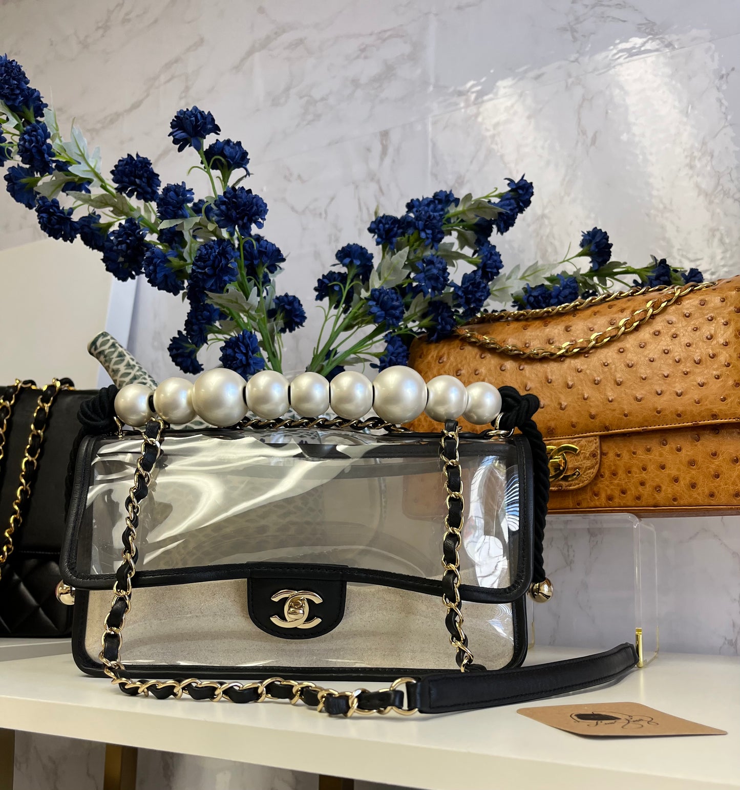 Chanel Lambskin PVC Sand By The Sea Flap Bag With Pearl Strap Its A Luv Story