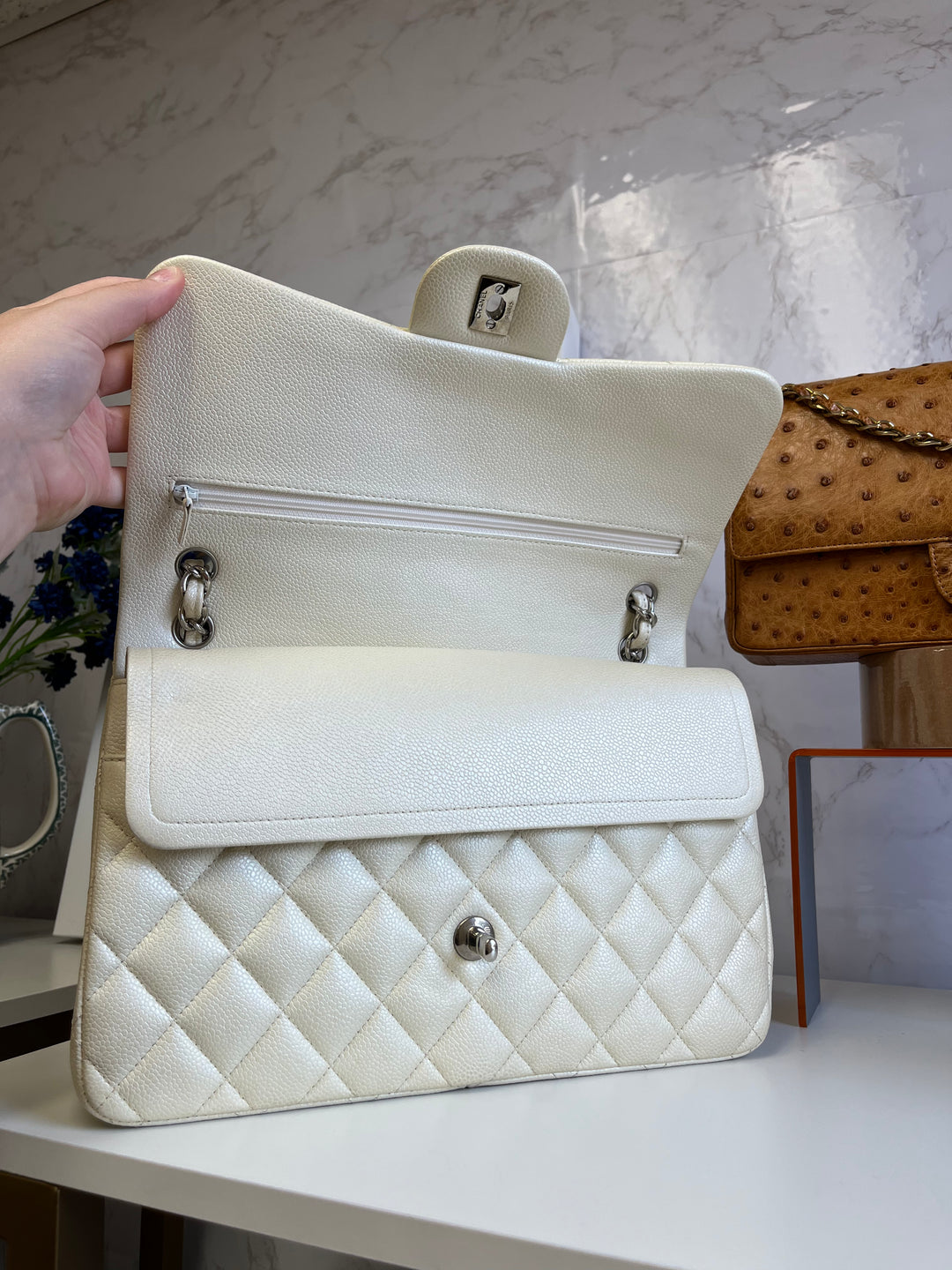 Chanel Cream Iridescent Caviar Jumbo DF